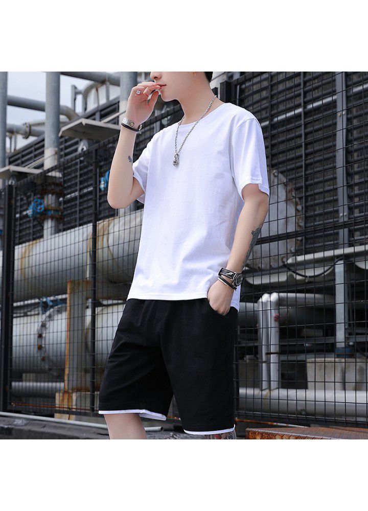 2021 summer short sleeve suit men's fashion brand pure color Xinjiang cotton loose T-Shirt Top short pants men's fashion