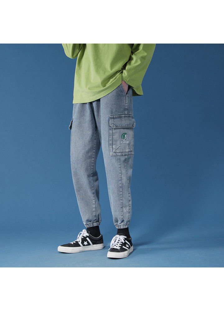 Men's autumn Korean version overalls middle waist wash bullet free spot youth cotton 90% casual jeans men's pants