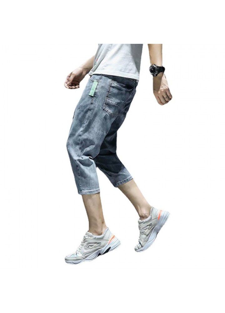 7-point denim shorts men's summer thin loose Harun Korean fashion casual hole fashion brand 7-point pants