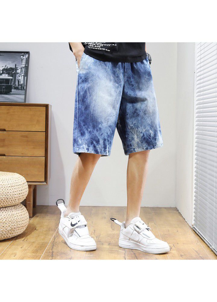 Summer 2021 thin denim shorts Capri pants men's youth Korean loose holed casual pants men's wear