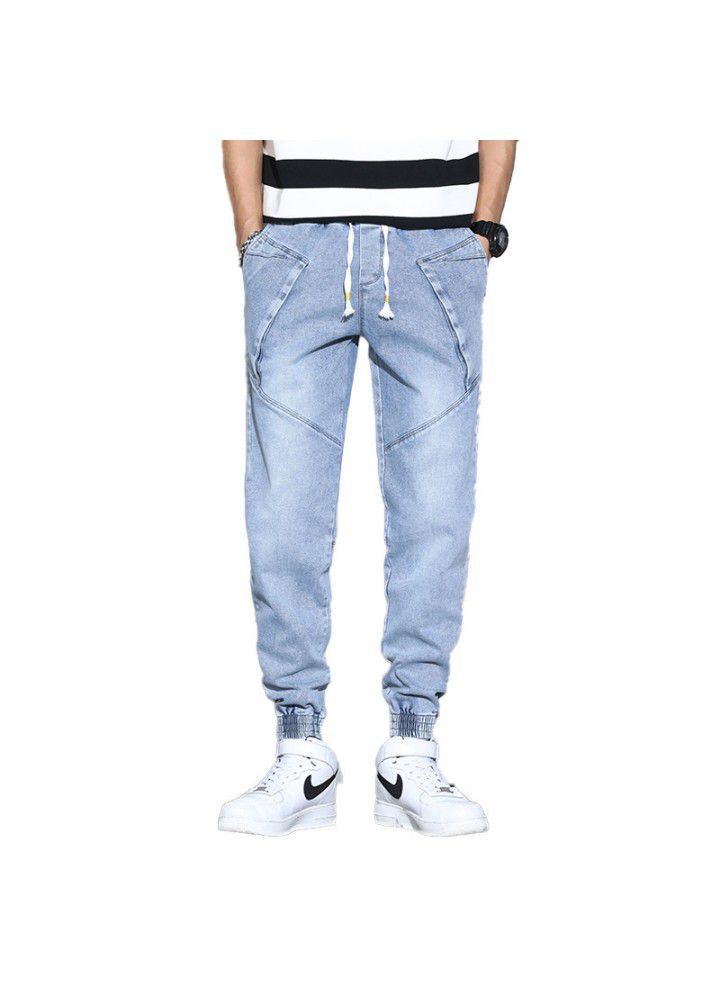 2021 autumn new men's large Korean casual loose jeans quarter pants men's fashion fat long pants