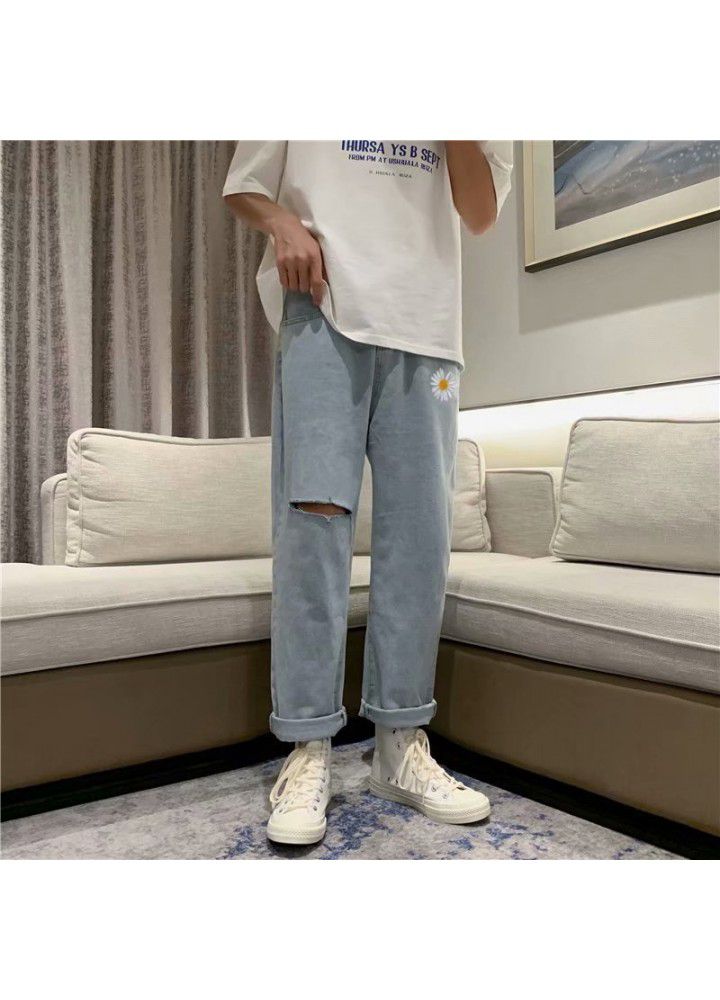 Hole jeans men's Korean fashion loose and handsome wide leg summer fashion brand summer thin straight pants
