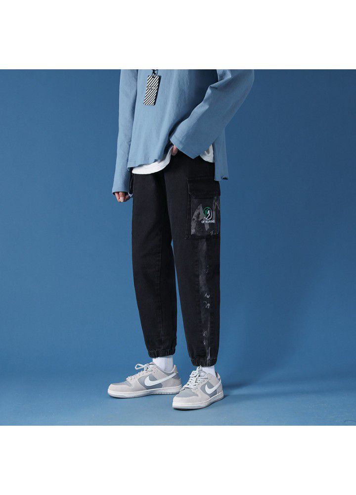 Men's autumn Korean version overalls middle waist wash bullet free spot youth cotton 90% casual jeans men's pants