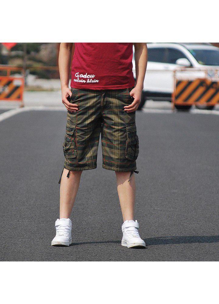 Cross border hot selling Multi Pocket lattice 5-point pants tooling 5-point Pants Large Men's pants agent