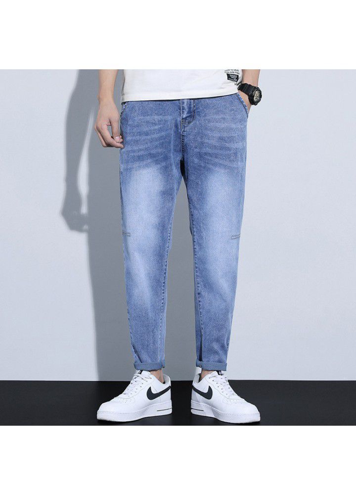 Spring and summer new men's jeans loose small straight tube Japanese elastic washed foreign trade men's pants 2021