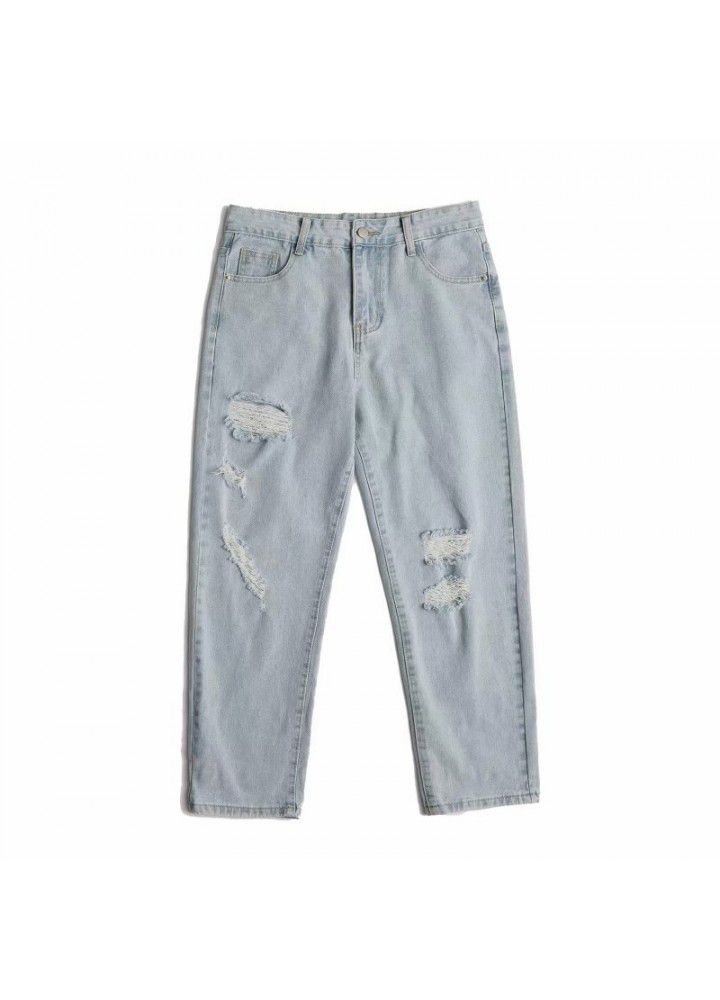 Summer thin jeans with holes men's wide legs loose trend light beggars nine point CEC straight pants