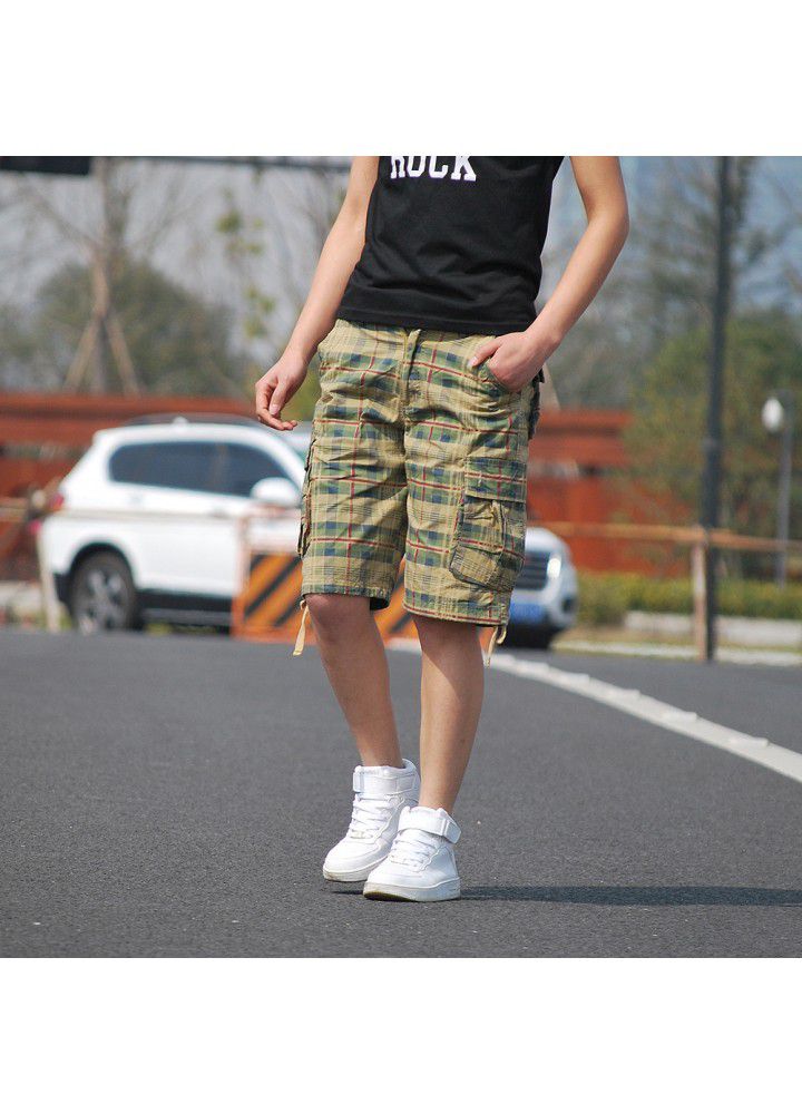 Cross border hot selling Multi Pocket lattice 5-point pants tooling 5-point Pants Large Men's pants agent