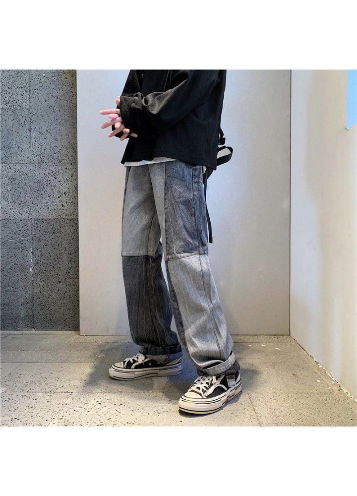 Autumn fashion brand ins splicing wide leg jeans men's Korean version straight tube loose youth trend casual pants