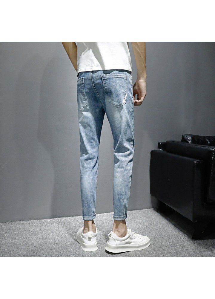 Jeans men's summer slim fit small feet Korean fashion men's casual hole fashion brand 2021 nine cent pants