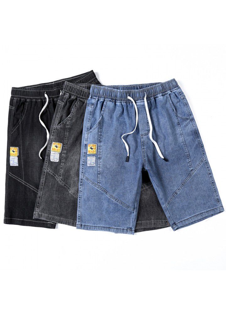 Stretch denim shorts men's trend 2021 fashion loose Capris middle pants men's waist drawstring trend horse pants