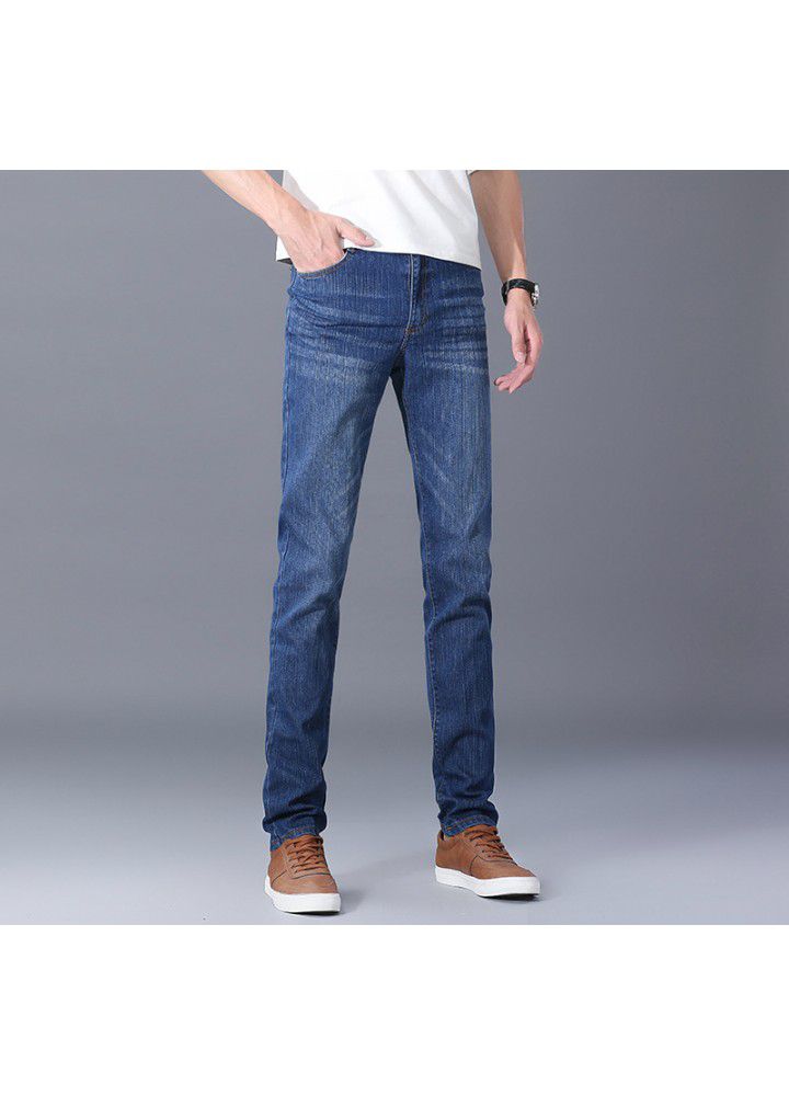 Men's slim fit jeans spring and summer thin foreign trade Korean straight elastic leisure wash waist youth trousers