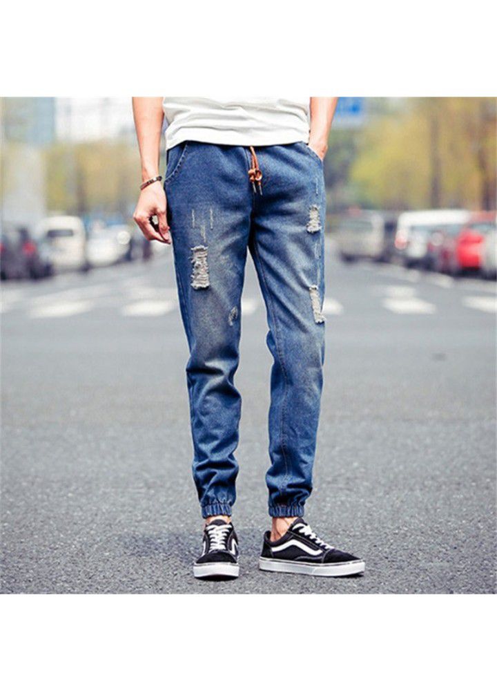 Wholesale spring and autumn men's small feet Korean version Harlan men's holed Leggings fashion men's baggy jeans