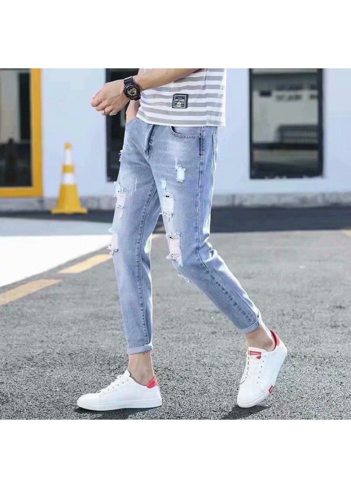 Net red pants men's Korean fashion holed jeans fashion brand loose summer small leg pants
