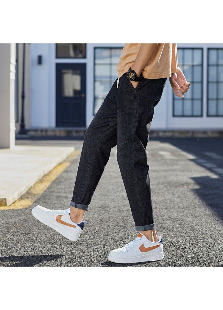 Men's jeans autumn 2021 Hong Kong Style Men's fashion Youth Foreign Trade bullet less men's small leg quarter pants