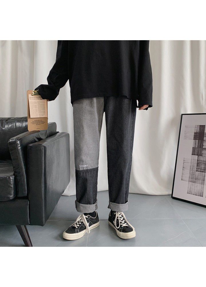 Hong Kong style color matching jeans men's fashion brand loose straight pants summer wide leg men's pants
