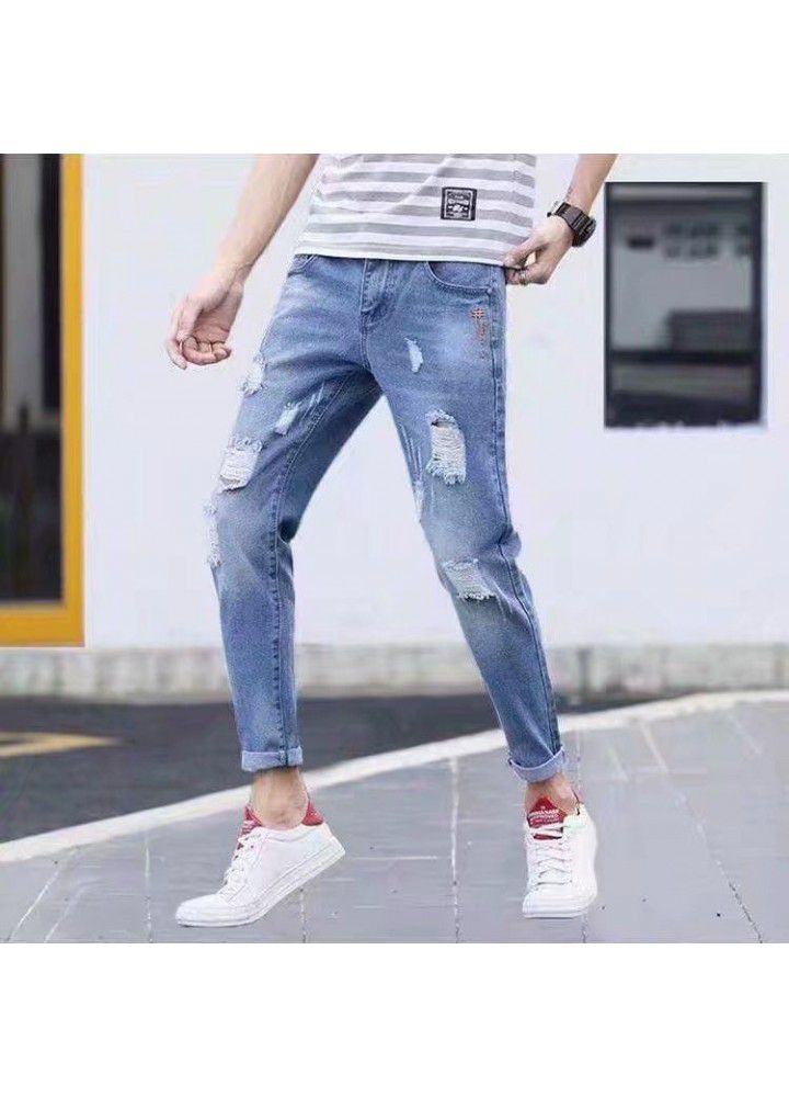 Net red pants men's Korean fashion holed jeans fashion brand loose summer small leg pants