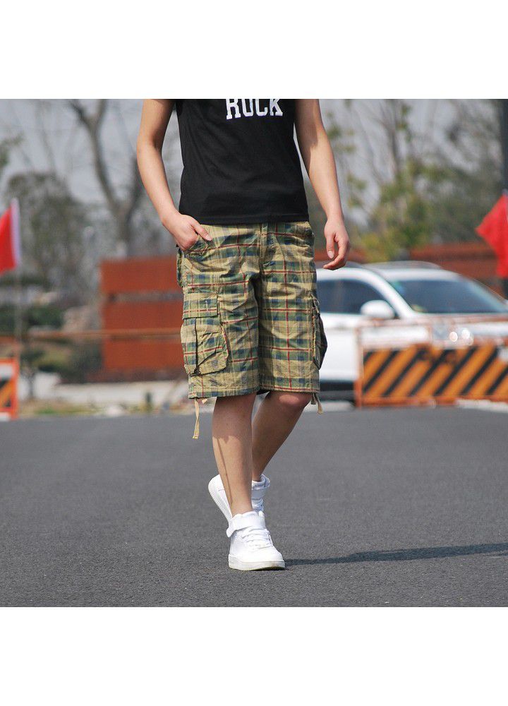 Cross border hot selling Multi Pocket lattice 5-point pants tooling 5-point Pants Large Men's pants agent
