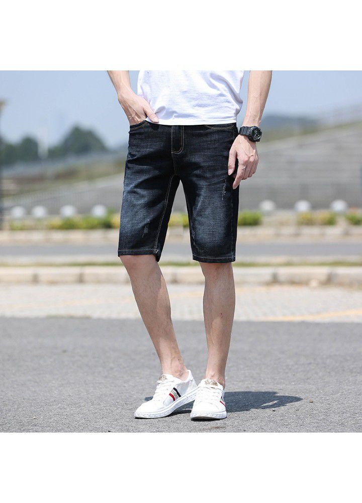 2021 summer cotton denim thin middle waist elastic washing foreign trade youth leisure spot wholesale men's Denim Shorts