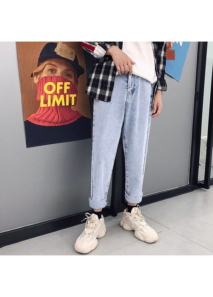 Spring and summer new nine point straight jeans, Korean fashion pants, men's loose casual wide leg pants