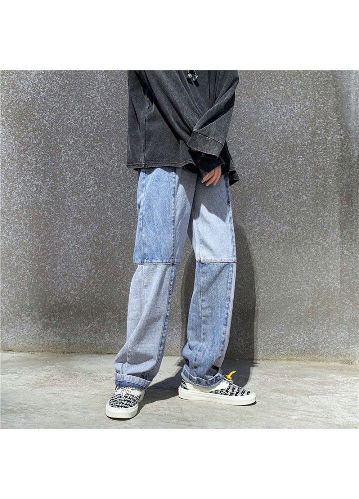 Autumn fashion brand ins splicing wide leg jeans men's Korean version straight tube loose youth trend casual pants