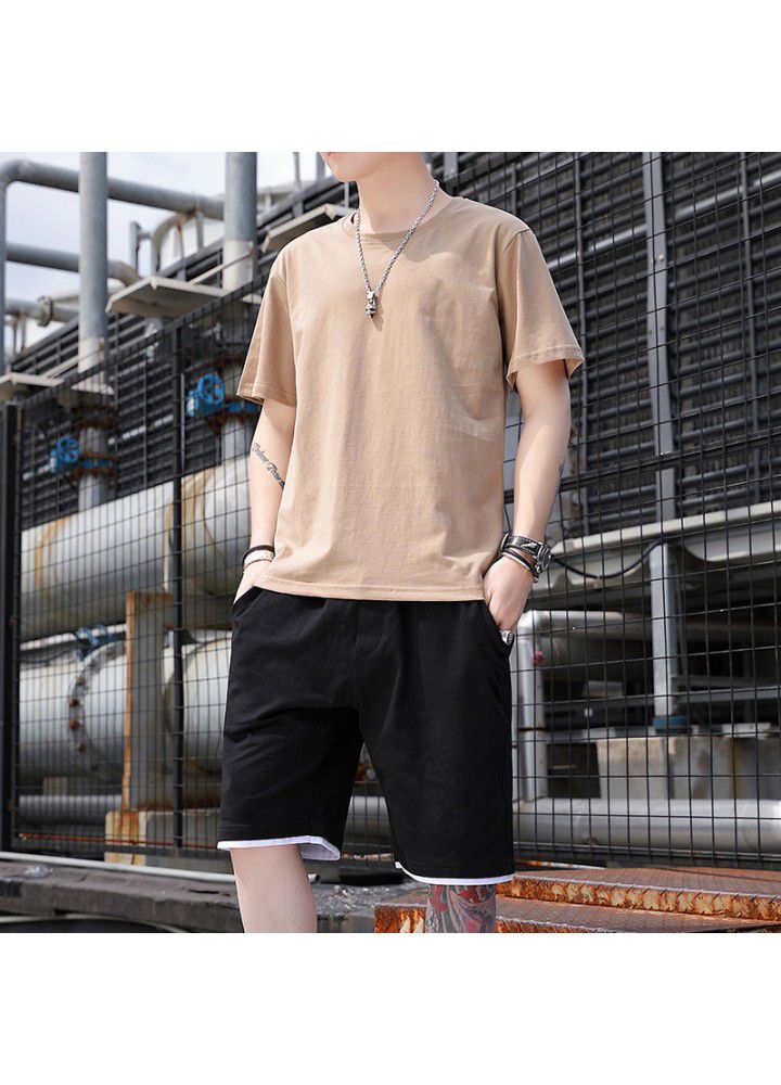 2021 summer short sleeve suit men's fashion brand pure color Xinjiang cotton loose T-Shirt Top short pants men's fashion