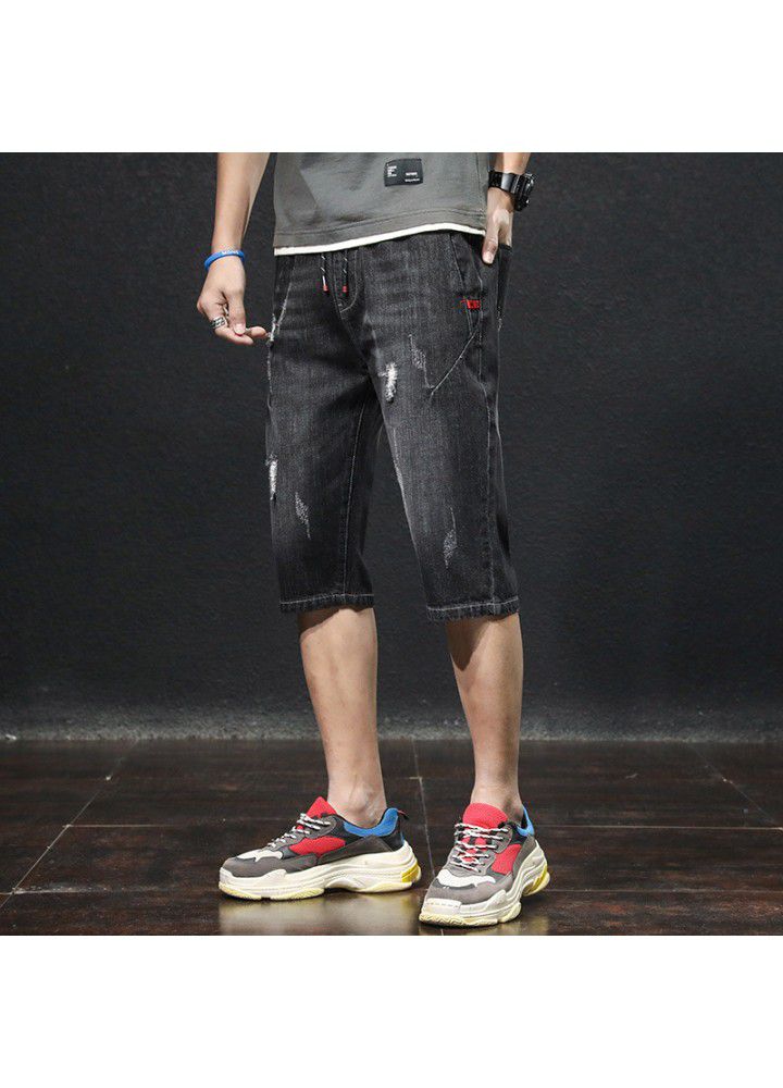 Summer denim shorts men's thin Capris Korean version hole casual wash youth trend foreign trade pants