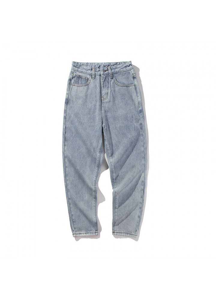 Spring and summer new nine point straight jeans, Korean fashion pants, men's loose casual wide leg pants