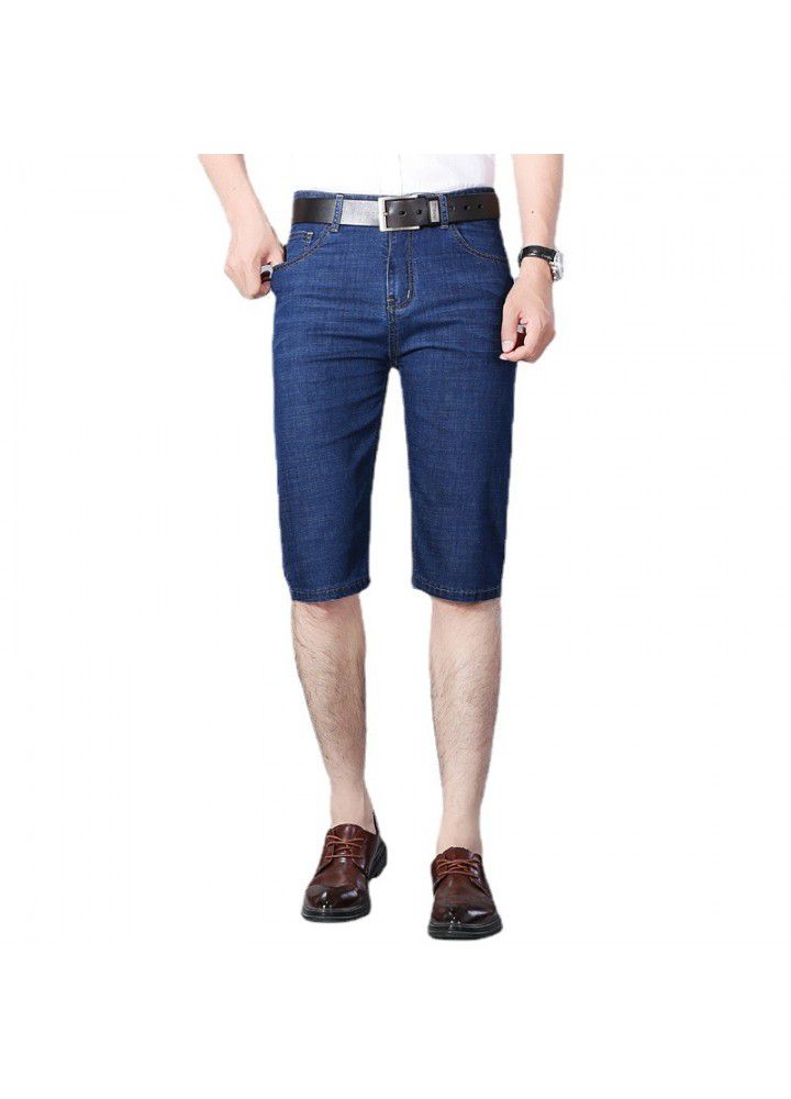 Denim shorts men's summer 2021 elastic thin casual spot blue middle waist Youth Foreign Trade washed cotton pants
