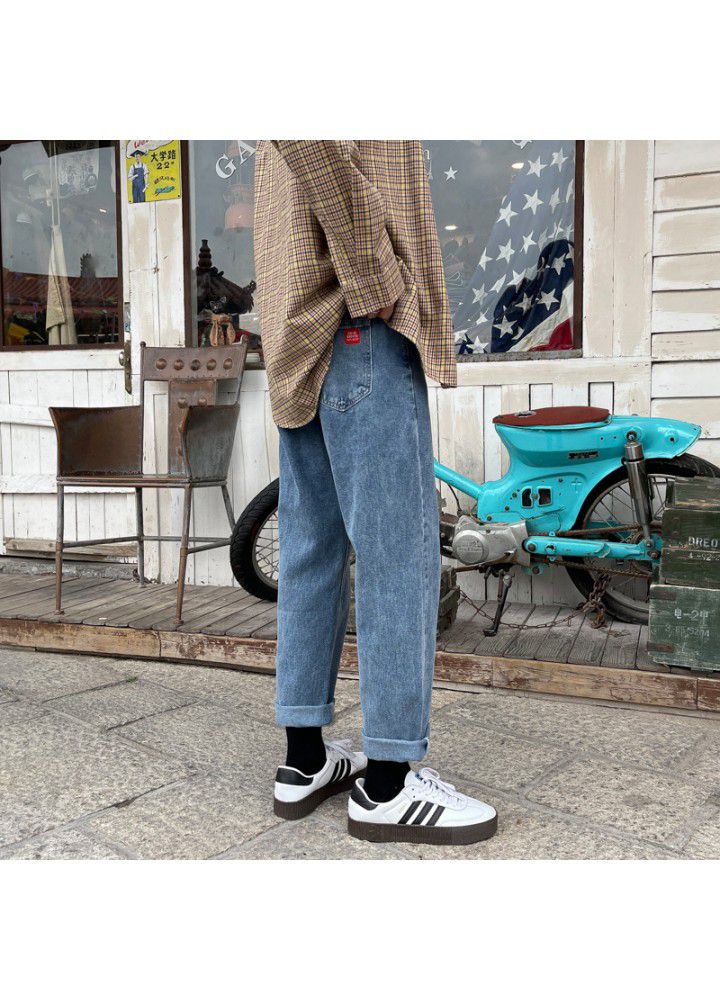 2021 spring and autumn couple Korean youth loose straight tube Street trend jeans casual Capris students