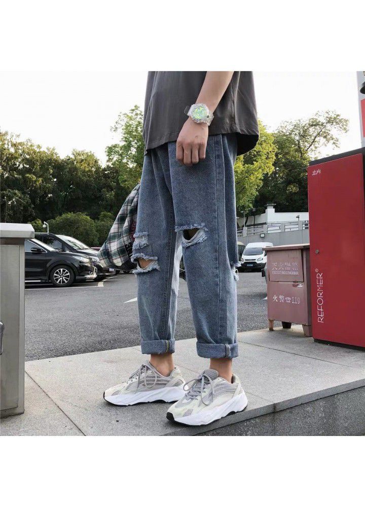 Net red pants men's Korean fashion holed jeans fashion brand loose summer small leg pants