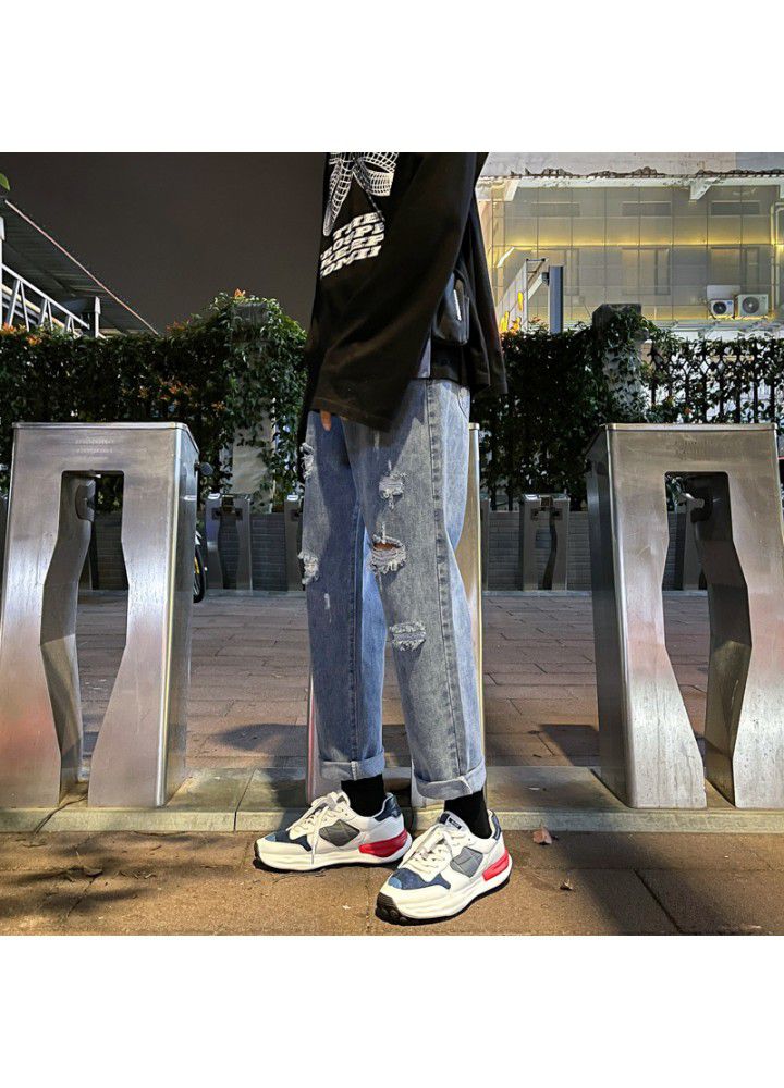 Spring and autumn loose Korean youth casual Capris straight cut trend jeans men's one hair substitute