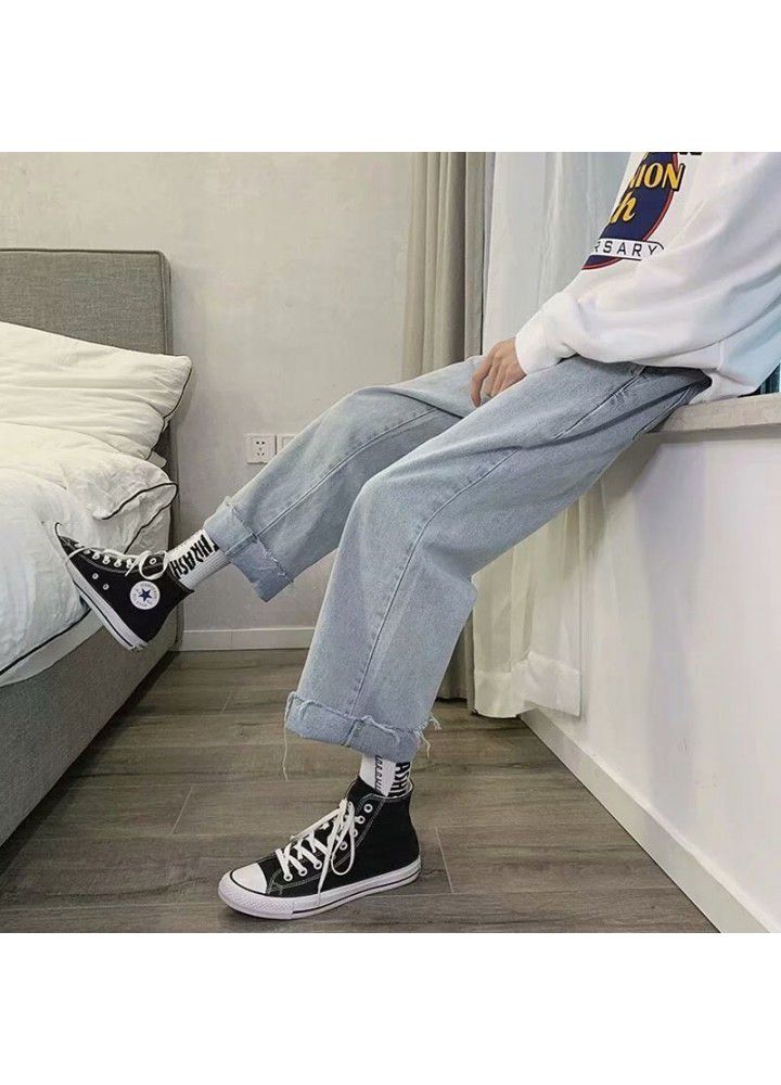 Fall feeling wide leg jeans in autumn and winter men's trendy brand loose teenagers straight tube daddy trendy quarter pants