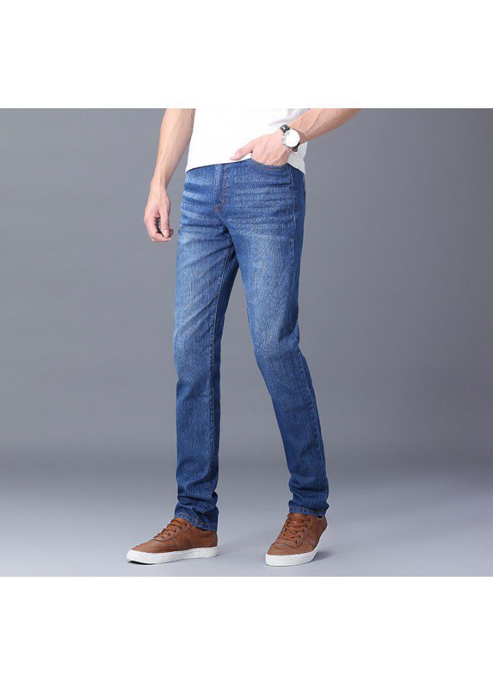 Men's slim fit jeans spring and summer thin foreign trade Korean straight elastic leisure wash waist youth trousers