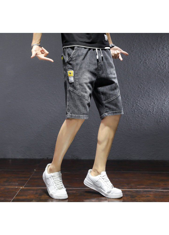 Stretch denim shorts men's trend 2021 fashion loose Capris middle pants men's waist drawstring trend horse pants