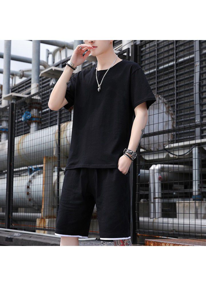 2021 summer short sleeve suit men's fashion brand pure color Xinjiang cotton loose T-Shirt Top short pants men's fashion
