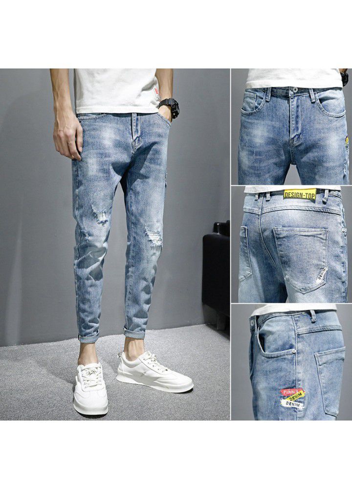Jeans men's summer slim fit small feet Korean fashion men's casual hole fashion brand 2021 nine cent pants