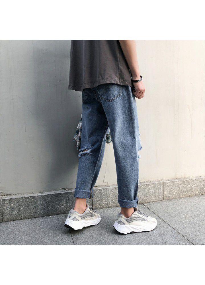 Boys' pants: Harajuku fashion jeans, Korean loose straight beggars' pants, summer holed Capris
