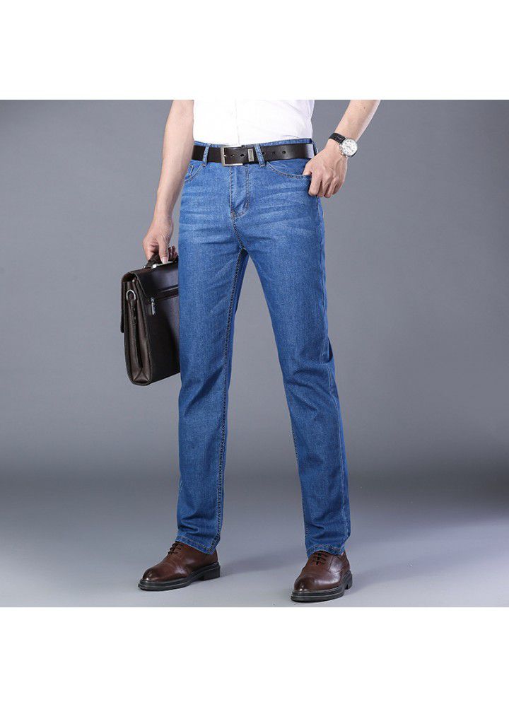 Wholesale autumn spot elastic mid waist thin blue denim youth cotton work pants men's jeans 2021