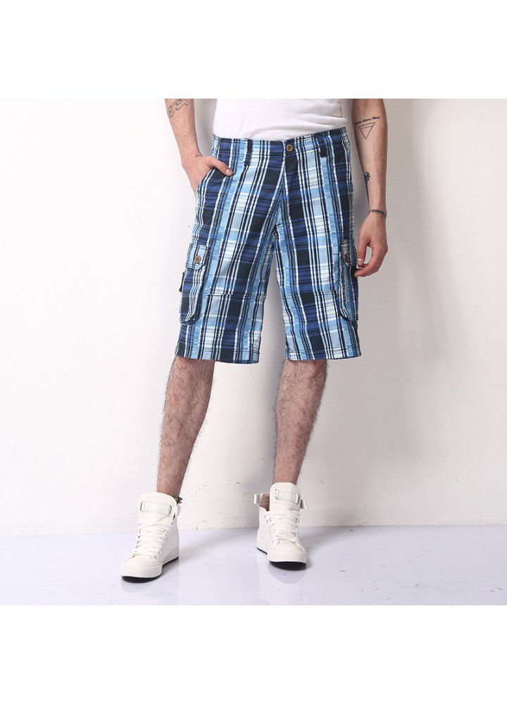 Summer new loose Multi Pocket Plaid beach pants casual Capris work Capris men's pants