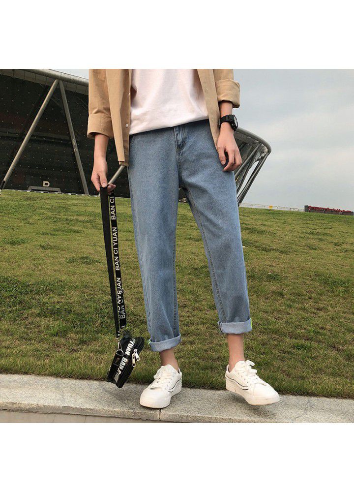 Foreign trade jeans for male students fashion brand spring and autumn retro Korean slim straight tube washing trend nine point pants for male students
