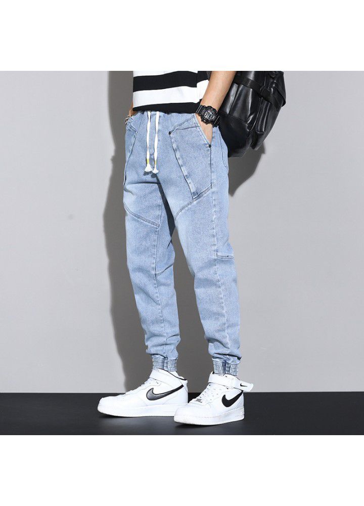 2021 autumn new men's large Korean casual loose jeans quarter pants men's fashion fat long pants