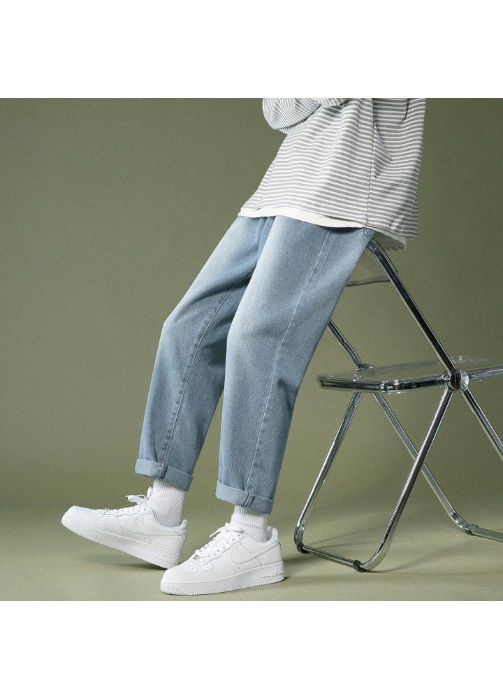 Men's jeans 2021 spring and summer thin wide leg pants Korean youth fashion loose casual quarter pants