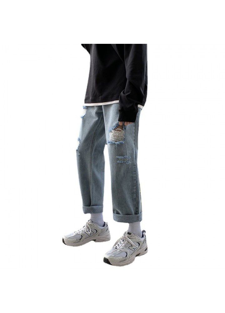 Spring and autumn loose Korean youth casual Capris straight cut trend jeans men's one hair substitute