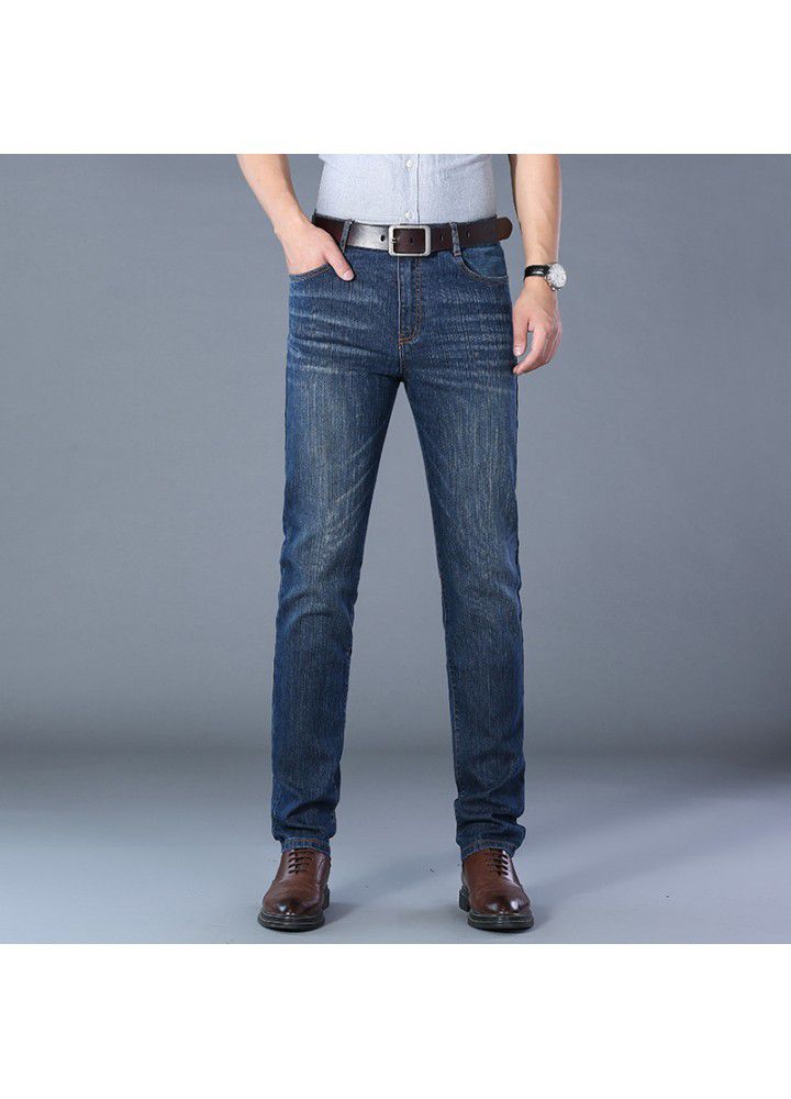 2021 four seasons men's ordinary trousers mid waist Blue Elastic youth cotton daily wash men's jeans
