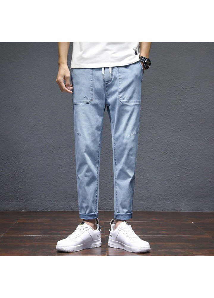 Men's thin jeans in spring and summer new elastic casual loose foreign trade washing trend mid waist quarter pants