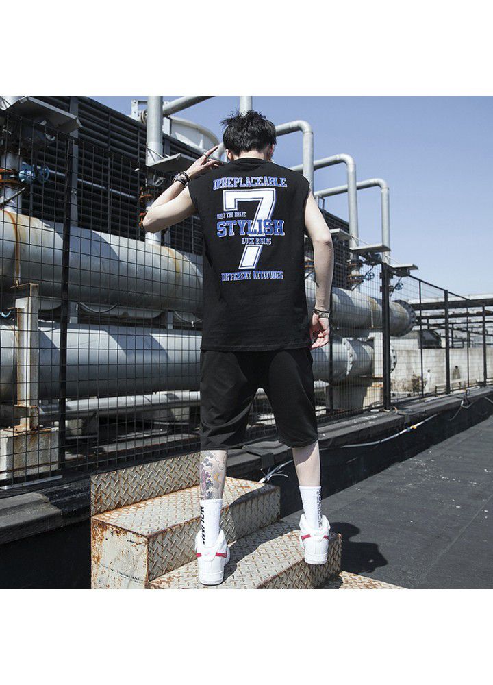 2021 summer cotton casual suit men's national fashion thin round neck sleeveless vest T-shirt youth ball suit