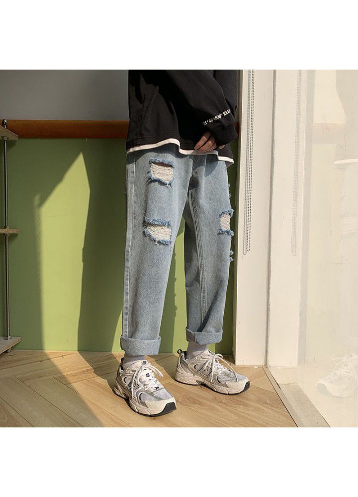 Spring and autumn loose Korean youth casual Capris straight cut trend jeans men's one hair substitute