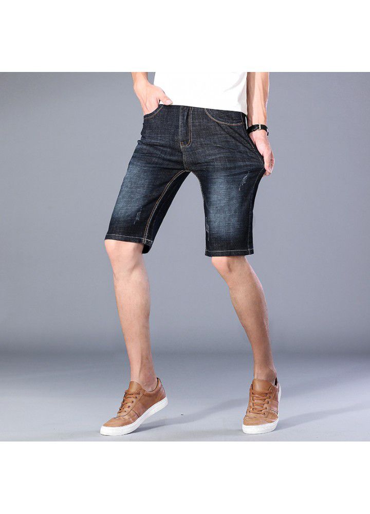 Summer men's jeans 2021 thin 5-point pants elastic Korean wash leisure Youth Foreign Trade shorts