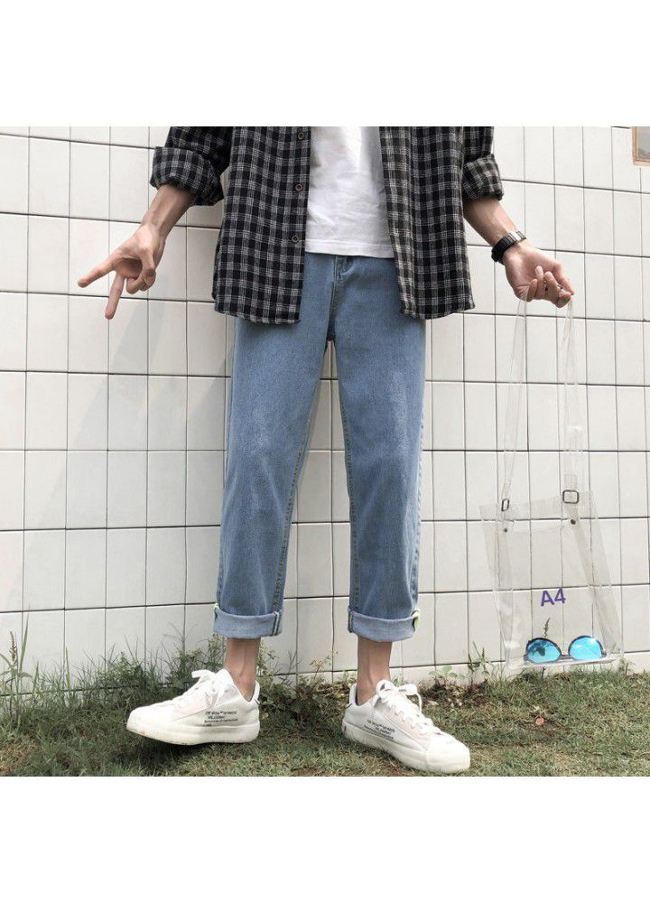 Foreign trade jeans for male students fashion brand spring and autumn retro Korean slim straight tube washing trend nine point pants for male students