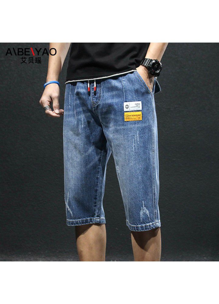 Summer denim shorts men's thin Capris Korean version hole casual wash youth trend foreign trade pants